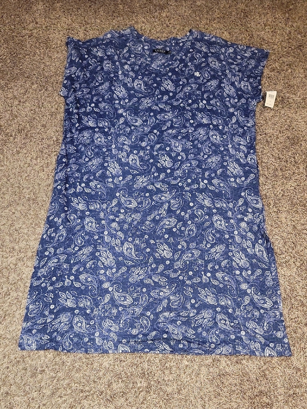 Lauren Ralph Lauren Blue White Paisley Chemise Nightgown 3x Pockets Cotton New